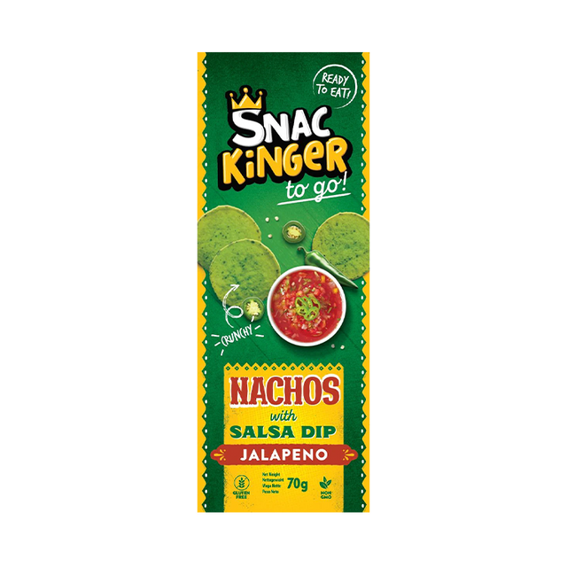 SnacKinger Green Jalapeño Nacho Snack To-Go – mit Salsa Dip, 20 x 70g