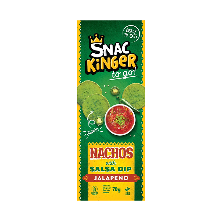 SnacKinger Green Jalapeño Nacho Snack To-Go – mit Salsa Dip, 20 x 70g